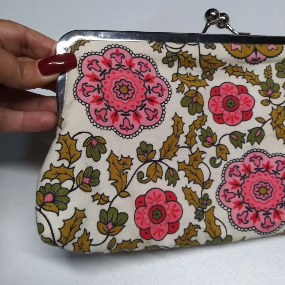 Pink Koala Retro Paisley Floral Pink and Green Clutch Kiss Lock